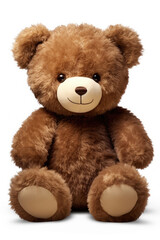 Obraz premium Cute dark brown fluffy teddy bear doll with a happy face and big shiny eyes on a white background