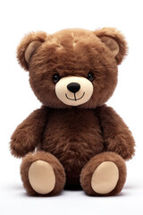 Cute dark brown fluffy teddy bear doll with a happy face and big shiny eyes on a white background created with Generative AI Technology