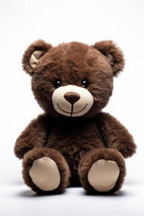 Cute dark brown fluffy teddy bear doll with a happy face and big shiny eyes on a white background created with Generative AI Technology