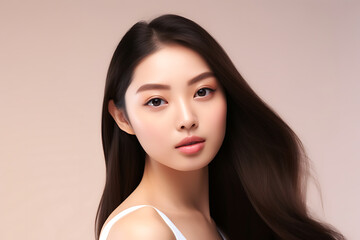 Naklejka premium Beautiful young Asian woman with clean fresh skin on a pink background.