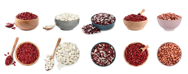 Different raw kidney beans in bowls isolated on white. Collection with top and side views