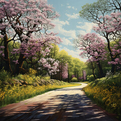 road in the spring forest in anime style