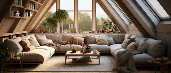 Obraz na płótnie Canvas Attic Living Room with Textured Fabrics: Scandinavian Atmo