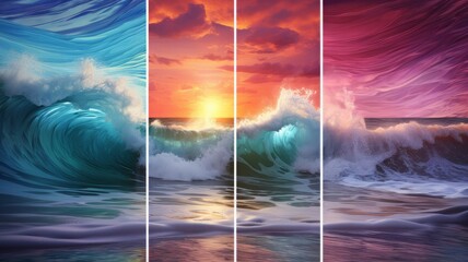 Abstract sea waves collage made of multicolored acrylic paint - obrazy, fototapety, plakaty