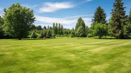 plot of golf course land with a freshly mowed lawn against a backdrop of a tree lined landscape created with Generative AI Technology - obrazy, fototapety, plakaty