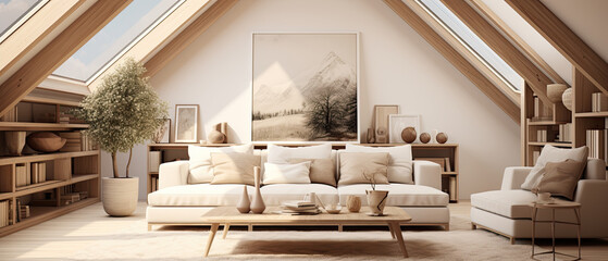 Attic Living Room with Minimalist Artwork - Scandinavian Elegance