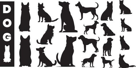 set of black silhouette dogs in various poses on white background - obrazy, fototapety, plakaty