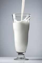 An image of a stream of white milk pouring into a glass with a beautiful splash on a gray background. Generative AI