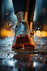 Jogger's feet hitting the track with speed and power, Generative AI