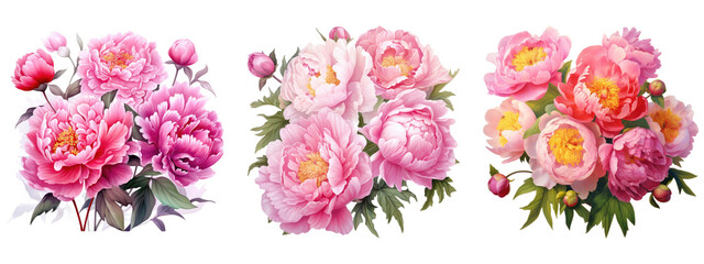 Watercolor pink peony flowers bouquet, peony flowers isolated on transparent background - obrazy, fototapety, plakaty