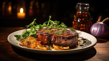 round white plate shows pork steak grilled in garlic oil sprinkled with chopped parsley and crispy rye bread with thin onions