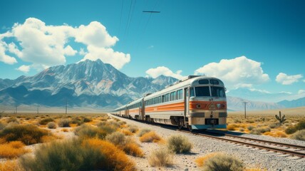 Train rides on railway tracks through the picturesque desert and mountain landscape - obrazy, fototapety, plakaty