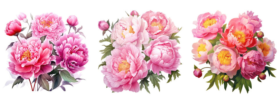 Watercolor pink peony flowers bouquet, peony flowers isolated on transparent background