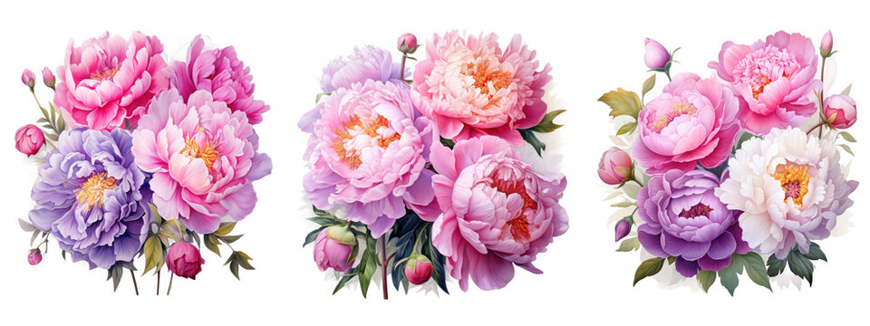 Watercolor pink peony flowers bouquet, peony flowers isolated on transparent background