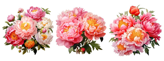 Watercolor pink peony flowers bouquet, peony flowers isolated on transparent background