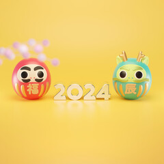 2024年賀素材　かわいい辰年だるまと福だるまと金の文字の置物