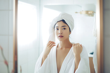 Beautiful Asian young woman with beautiful fresh clean skin posing in a light bathroom in a towel and a robe. Self care concept