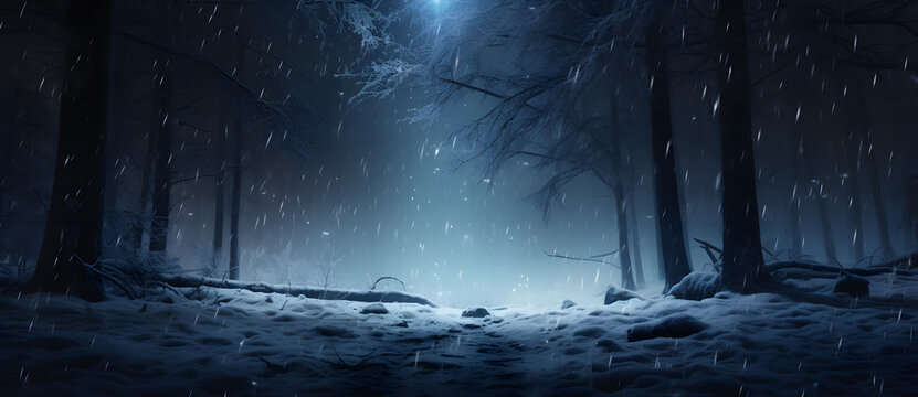 snow falling at night in a snowy dark forest with lights and stars Generated 7