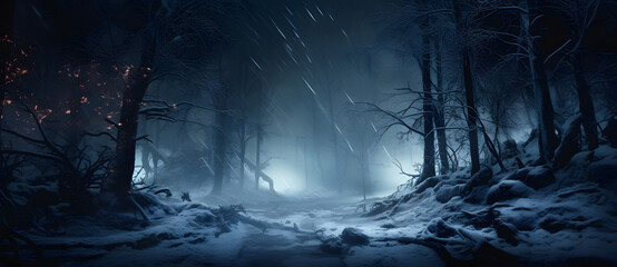 snow falling at night in a snowy dark forest with lights and stars Generated 8