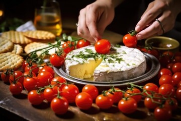 hand popping cherry tomatoes around a baked camembert on a tray - obrazy, fototapety, plakaty