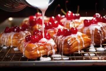 hand glazing cherry danish pastries with syrup - obrazy, fototapety, plakaty