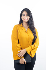 Young Indian, asian business woman, collage girl, student, confident female entrepreneur wearing professional outfit dress holding tablet for advertisement isolated on white background
