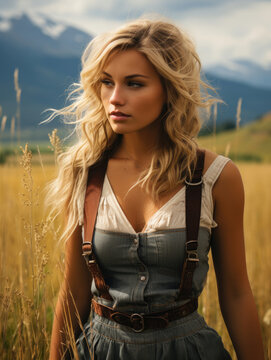 Blonde boho woman standing and wearing a denim mini bustier in the middle of a wheat field with mountains in the background created with Generative AI Technology 