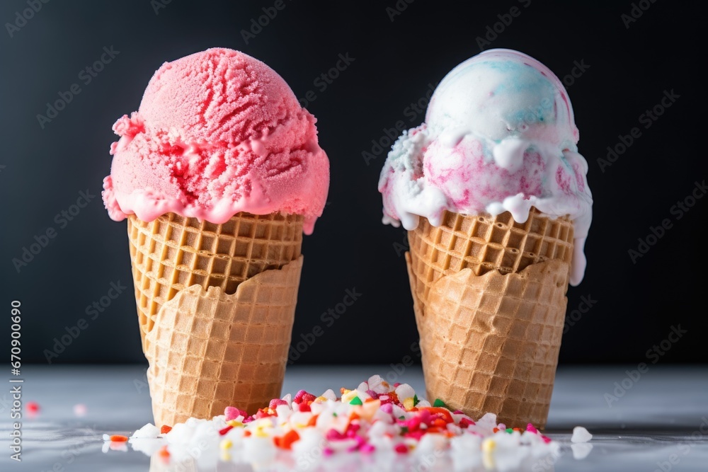 Poster two similar ice cream cones with different flavor scoops