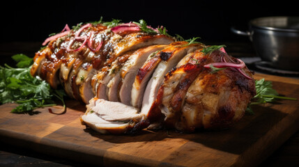 porchetta slices grilled pork belly on a wooden table made with Generative AI Technology - obrazy, fototapety, plakaty