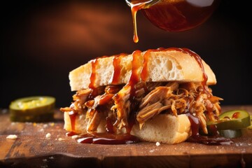 a barbecue sandwich with a drizzle of hot sauce