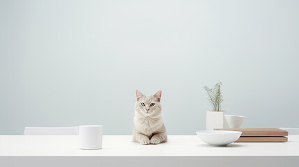cat sitting on a table in a light white minimalist interior style with empty space for text created with Generative AI Technology