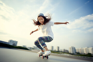 Fototapeta na wymiar A beautiful Asian girl in jeans, sneakers and a T-shirt rides down the street on a skateboard