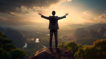Businessman at mountaintop during sunset. Success, victory, winner, achievement, leadership concept