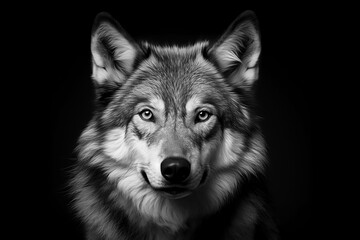 black and white portrait of wolf, AI generated