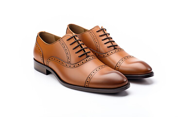 pair of elegant brown leather luxury men shoes on a white background created with Generative AI Technology