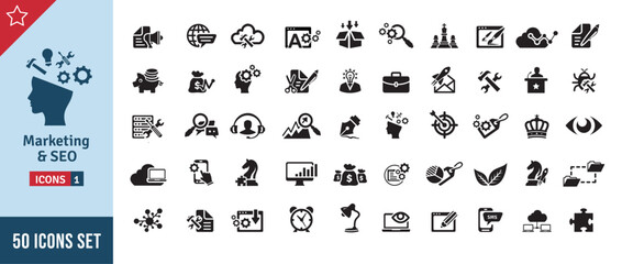 Marketing & SEO Icon Set. Search Engine Optimization, Advertising, Website, Business, Marketing, Traffic, Ranking, Optimization, Keyword & Many More. Solid Vector Icons Collection