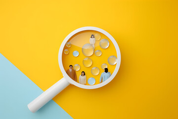 A magnifying glass finding people isolated on yellow background