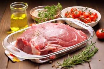 raw lamb shoulder with rub on oven-ready glass dish