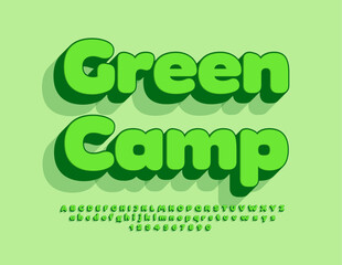 Vector eco concept Green Camp. Modern 3D Font. Artistic Alphabet Letters and Numbers set