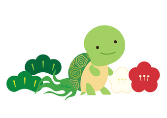 蓑亀と松と梅のめでたいベクターイラスト素材