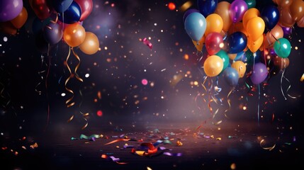 Party with lights, balloons, confetti and serpentine background.