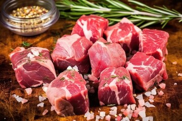 Naklejka premium chunks of raw lamb rubbed delicately with garlic and rosemary