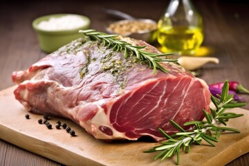 Fototapeta premium close-up of a lamb leg rubbed with a rosemary-garlic paste
