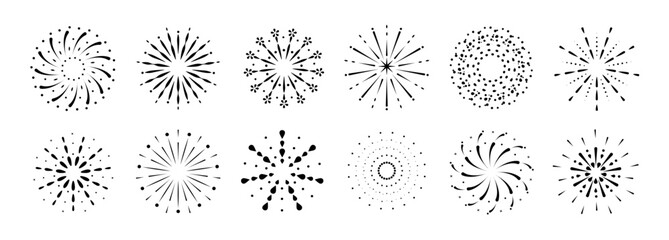 Set of new year firework vector illustration. Collection of black starburst, sunlight on white background. Art design suitable for decoration, print, poster, banner, wallpaper, card, cover, icon.