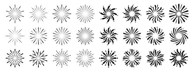 Set of new year firework vector illustration. Collection of black starburst, sunlight on white background. Art design suitable for decoration, print, poster, banner, wallpaper, card, cover, icon.