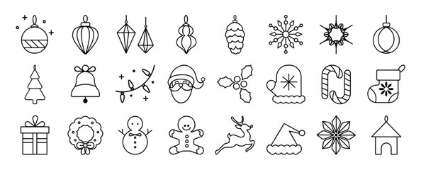 Merry Christmas and winter season doodle icon vector. Set of bauble ball, santa, gingerbread, snowman, pine, snowflake, reindeer, glove. Winter festival and holiday collection for kids, decorative.