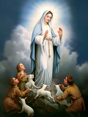 Virgin Mary, children prayers and goat. Our lady of fatima - obrazy, fototapety, plakaty