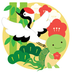 デフォルメされたかわいい鶴と亀とおめでたい松竹梅のベクターイラスト素材