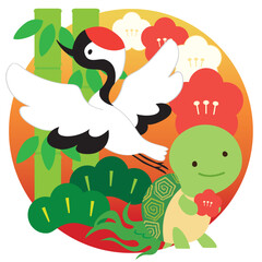 かわいい鶴亀と松竹梅のおめでたいベクターイラスト素材