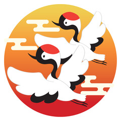 2羽の鶴が太陽の前を並んで飛ぶベクターイラスト